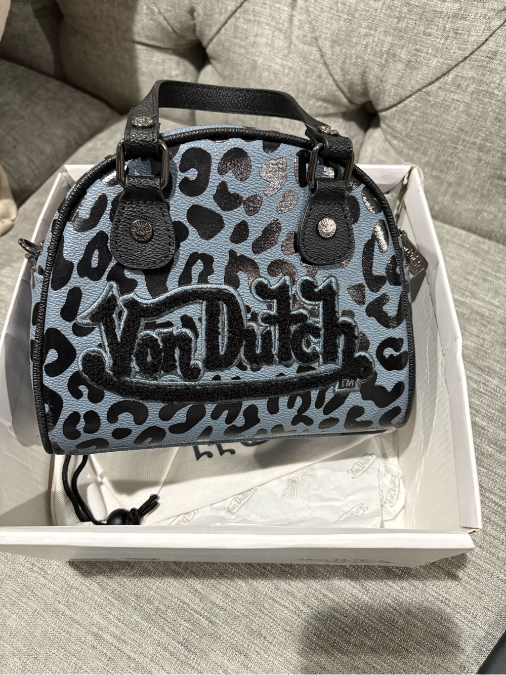 Von Dutch Light Blue and Black Leopard Mini Satchel
